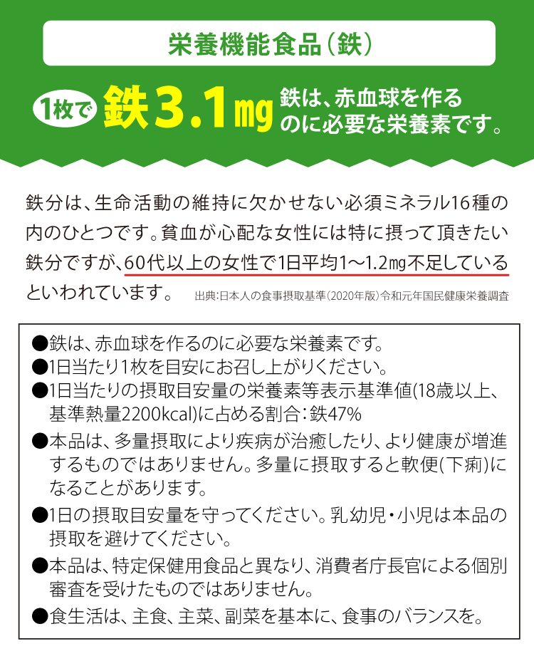 1枚に鉄分3.1ミリグラム配合。栄養機能食品(鉄)です。
